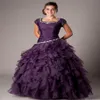 Raisin violet robe de bal longue modeste robes de bal avec mancherons perlés volants lycée filles formelles robes de soirée de bal New251K