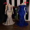 Sparkly Sequined Silver Mermaid African Prom Dresses 2020 Royal Blue Long Sleeve Graduation Formell klänning plus storlek Kvällsklänningar303J