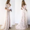 2022 Champagne Country Bohemian Wedding Gown Dresses V neck Short Sleeves Lace Backless Bridal Gowns Plus size237t