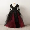 Black and Burgundy A-line Gothic Wedding Dresses Long Sleeves Low V Neck Sheer Sleeved Non White Vintage Bridal Gowns Custom243n