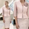 Vestidos elegantes para madre de la novia con chaqueta de encaje con apliques vestido de invitados de boda hasta la rodilla corto para madres traje Formal 231j