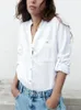 Women's Blouses Ladies Shirts 2023 Front Button Up Casual Faux Linen Shirt With Pockets Long Sleeve Top V Neck Rolled Cuffs Women Clothing