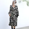 Casual Dresses Maxi Dress V Neck Large Hemline Loose Puff Long Sleeve Elegant A-Line Floral Print For Daily Wear