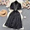 Basic Casual Dresses Summer Vintage Satin Embroidery Dress Women Stand Collar Single Breasted High Waist Bandage Lace Up Black Party Vestidos 2023