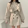 Trench da donna coreano chic bavero nero doppio petto con lacci in vita manica a lanterna giacca a vento pieghettata moda femminile 2023