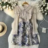 Abiti casual di base New Spring Autunno Vintage Lace Mesh Patchwork Jacquard Dress Donna Luxury Flower Ricamo Manica lunga Ruffles Mini Vestidos 2023