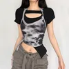 Dames T-shirt Y2k Vintage esthetische onregelmatige nep tweedelige halter dames zomer Koreaanse mode crop tops Fairycore grunge uitgeholde T-shirts 230721