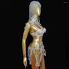 Desgaste de Palco Sexy Feminino Boate Dança Traje Transparente Pedras de Cristal Biquíni Peruca Arnês Roupa Festival Rave Show