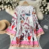 Basic Casual Jurken 2023 Zomer Fashion Runway Sily Korte Jurk Dames O-hals Lange Flare Mouwen Cartoon Bloemenprint Elegant Party Mini Vestidos