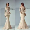 Champagne en dentelle peplum Wear Robes de bal 2019 couche à manches longues Dubaï Sirène arabe