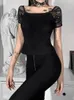 T-shirts pour femmes Insta Vintage Lace Black Shirt Gothic Sexy Bodycon Cône courte Femmes Tops esthétique Elegant Square Neck T-shirts Basic