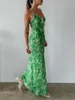 Casual Dresses Women's Bodycon Long Dress Summer Green Sleeveless Spaghetti Strap Cutout Floral Print French Beachwear