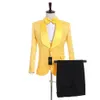 Real Po Yellow Paisley Groom Tuxedos Mens Prom Dress Party Suits Coat Waistcoat Trousers Set Jacket Pants Vest Bow Tie K206243Z