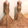 Vestidos de noite sereia apliques lantejoulas 2020 imagem real manga longa ouro champanhe 3d rosa floral fundo africano menina negra baile de formatura 2575