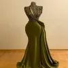 Vestidos de Noche de sirena de satén verde oliva, apliques de encaje de cuello alto, tren de corte fruncido, ropa de fiesta Formal para mujer, vestido de graduación BC4422235A