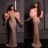 Shiny Sequins Beads Prom Dresses 2023 Elegant Pink Mermaid Evening Dress Custom Made Long Sleeves Glitter Women Celebrity Party Go300E