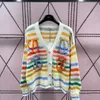 Spring Autumn Women's Rainbow Stripes Large V-neck Cardigan Sweater Coat, Knitted Fabric Soft and Comfortable Can Not Afford to Ball, Casual Fashion.