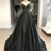 Chic 2019 robes de soirée en dentelle de sirène noire avec train détachable robes de bal perlées en satin pailleté, plus la taille appliquée formelle D218S