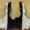 2020 Black and white Mermaid Evening Dresses High Neck Sequins Appliqued Lace Court Train Party Dress Custom Made Formal Evening G190H