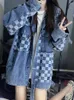 Kvinnorjackor Cool Salt Wear med Checkerboard Stitching Cardigan Washed Denim Jacket Trend Loose Top