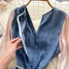 Basic Casual Dresses New Summer Casual Patchwork Denim Dress Women Short Sleeve V Neck Pearls Buttons Elegant Split Midi Vestidos With Chain Belt 2023