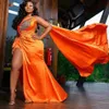Orange Mermaid Evening Dresses High Split Sequined Pleats Prom Gowns One Shoulder Plus Size Special Occasion Dress African2477