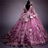 2019 Plum 3D Floral Applique Ball Gown Girl Pageant Dresses Sheer Long Sleeve Applicies Golvlängd Kids Småbarnstävlingsklänningar BC246K