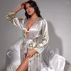 Roupa de Dormir Feminina Sexy Camisola de Seda de Verão Manga Média Longa Renda Roupão de Banho Vestido de Manhã Pijama Robe de Cetim Bata Novia Boda