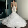 White Luxury Crystals Beading Mermaid Evening Dresses Jewel Neck Cap Sleeves See Through Long Formal Gowns Ruffles Tulle Slim Spec282P