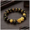 أزياء مطرز Feng Shui Obsidian Stone Beads Men Men Women Uni Wristband Gold Black Pixiu Wealth و Good Luck Drop Delivery J dhcmu