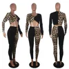 Pantalones de dos piezas para mujer, chándal de retales de leopardo BKLD para mujer, conjunto de 2 Tops cortos de manga larga y ropa para discoteca, trajes de fiesta, ropa 2023