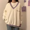 Suéteres de mujer Suéter de estilo universitario Suéter retro Chica con cuello en v Manga larga Casual Moda suelta Todo-fósforo Lazy Oaf