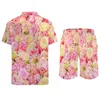 Herrespår rosa blommor tryck män set rose trädgård casual shorts sommar mode strandskjorta set korta ärmar plus storlek kostym födelsedag