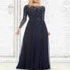 Top vente élégante bleu marine mère de la mariée robes en mousseline de soie transparent à manches longues pure cou appliques paillettes soirée Dre264W