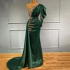 Dark Green Mermaid Overskirts Prom Dresses Long Sleeve One Shoulder Beaded Evening Gowns Party Dress With Train Special Occassion 211C