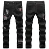 Men's Jeans High Street Ripped Men English Embroidered Printed Black and White Slim Fit Straight Distinctive Graffiti Cotton Elastic 2