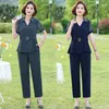 Pantalones de dos piezas para mujer, trajes OL de verano para mujer, blusa con cuello de solapa para mujer, Tops, conjuntos de pierna ancha, ajustados, 2 uds. Con fajas para mujer