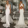 Robes de mariée sexy plage sirène avec ruban dos croisé simple en mousseline de soie tache col en V froncé sans manches vacances d'été robe de mariée234C