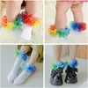 Women Socks 2-pack Girl Frilly Ankle Rainbow Glossy Organza Layered Dress Turn Cuff Ruffle Lace Trim Festival Party