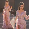 2020 ASO EBI Mermaid Prom Dresses Long Side Side Split Ruffles Pink Lace Sequin Evening Gowns V Neck Vestido de Novia2945