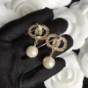 designer brand jewelry Small incense square round diamond pearl stud earrings brass 925 silver needle Jewelry With BOX