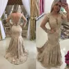 Champagne Arabe Sirène Robes De Soirée À Manches Longues Sheer Cou Appliques Formelles Robes De Soirée De Bal Occasion Spéciale Robe Vestidos 266S