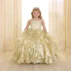 2020 Sparkling Girls Pageant Dresses Gold Princess Spaghetti Strap Crystal Beads Ruffles Organza Ball Gown Flower Girls Dresses Wi242C