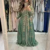 2020 Dark Sage Arabe Marocain Caftan Robes De Bal Une Ligne Applique Or Dentelle Perlée Musulman À Manches Longues Formelle Robes De Soirée De Bal P295V