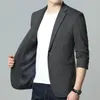 Men's Suits Men Gray Blue Blazers Notched Collar Slim Fit Single Breasted Suit Jackets Male Smart Casual Knitted Fabic Elegant Outfit Attire