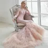 Luxury Pink Muslim Prom Dresses Feather Long Sleeves Lace Applique Trumpet Evening Gowns High Collar Sweep Train Mermaid Party Dre339P