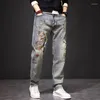 Mäns jeans vintage broderad rippad frayed baggy raka denim byxor plus size cowboy byxor för manlig