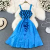 Vestidos casuales básicos 2023 verano diseñador pasarela azul plisado vestido mujer sin mangas camisola mujer Vintage estampado fiesta Midi vestido