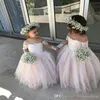 Romantic Off the shoulder Cheap Flower Girls Dresses For Wedding Bride Illusion Long Lace Sleeves Tulle Champagne Designer Kids Dr298m