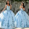 2023 Sky Blue Quinceanera Dresses Applicies Beads Scoop Neck Princess Ball Gown Sweet 16 Tulle Princess Prom Dress Party Gowns245p